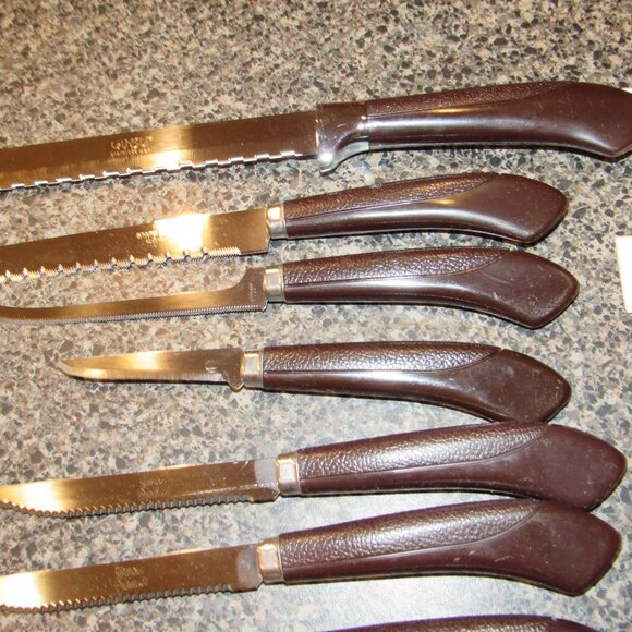 Set of 10 Vintage Ginsu Stainless Serrated Knife Knives USA Brown Handle Steak - Picture 2 of 6